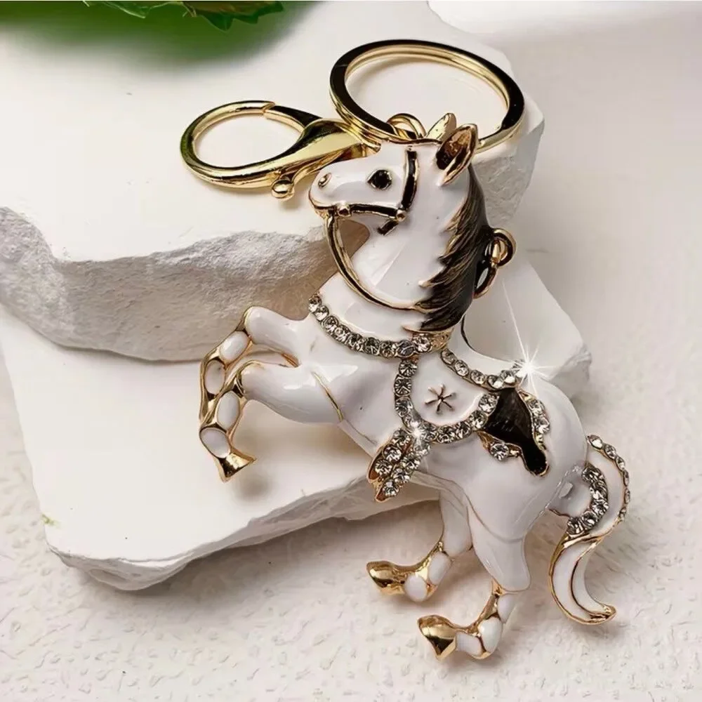 Bling White Rhinestone Horse Keychain Purse Charm
